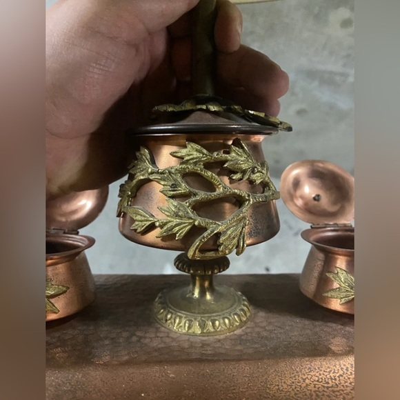 Hammered Copper French Bouillotte Lamp Handpainted Shade W/ Built In Inkwell WOW - Picture 4 of 12